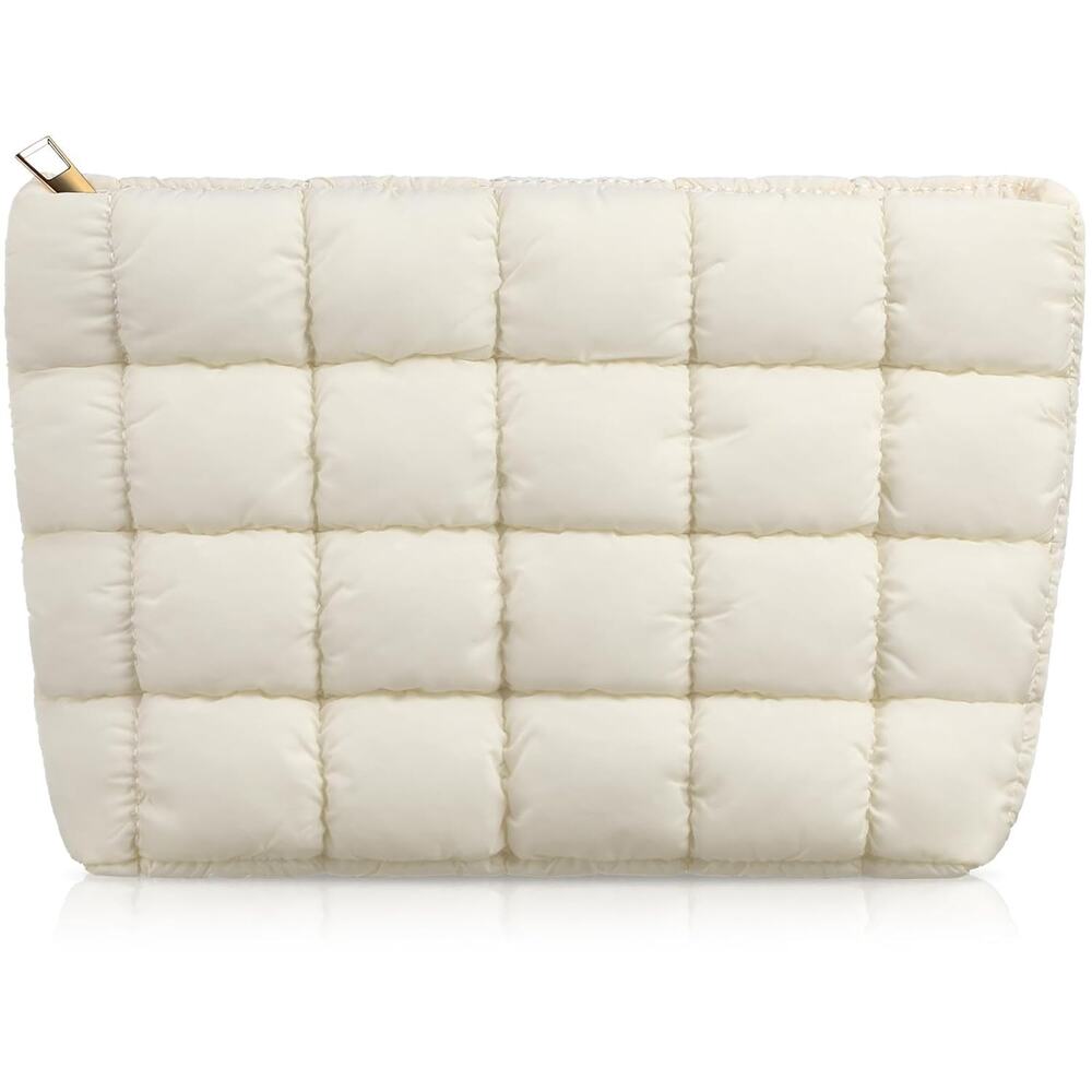 Quilted Makeup Bag White Checkered Travel Cosmetic Toiletry NEW